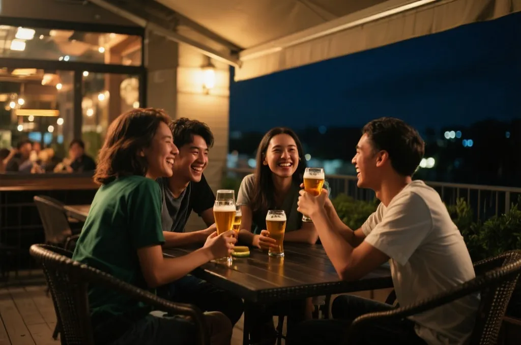 比赛结束后，朋友们在深夜的露台上，围着桌子喝着啤酒，笑着复盘比赛