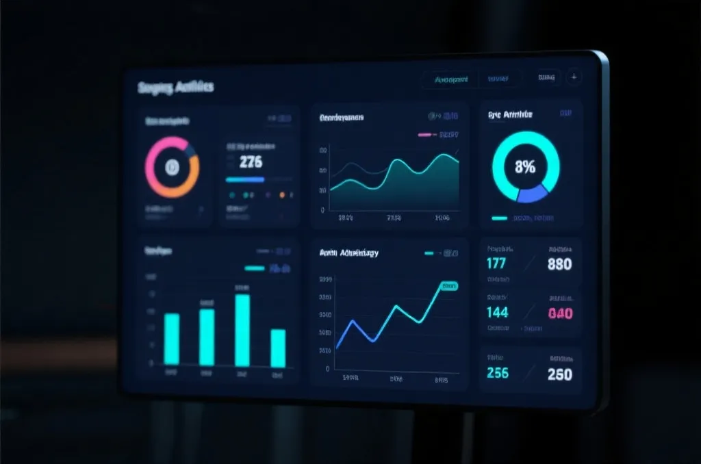 An abstract digital screen displaying sports analytics data, charts, and statistics, clean interface, dark background, professional editorial