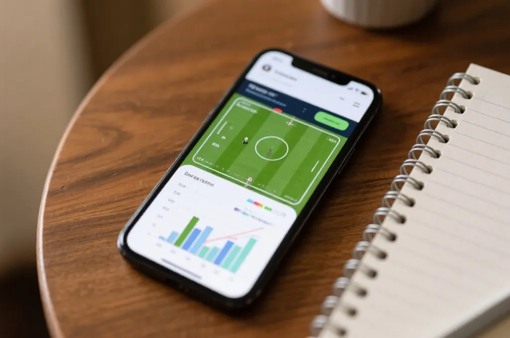 A smartphone displaying live sports statistics and line charts on a desk with a notebook
